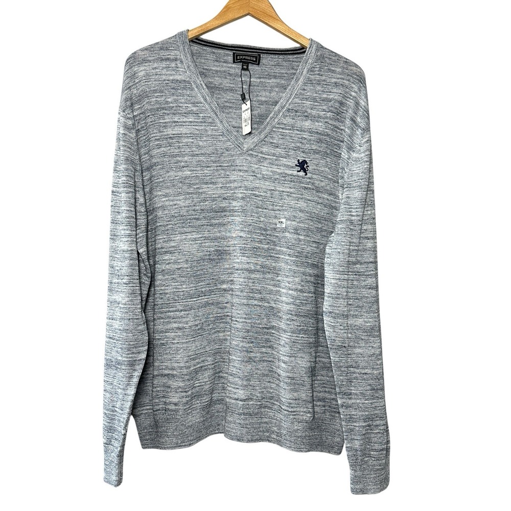 Express V-Neck Sweater Men's XXL Gray Marled Knit Minimal Preppy Workwear Modern